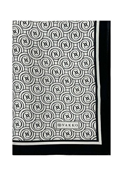 Vakko Twill İpek Şal - Helezon Monogram - Beyaz Siyah