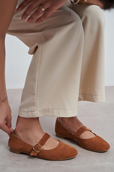 NİŞANTAŞI SHOES Γυναικεία παπούτσια μπαλαρίνας Berlin Tan Suede με δερμάτινη ...