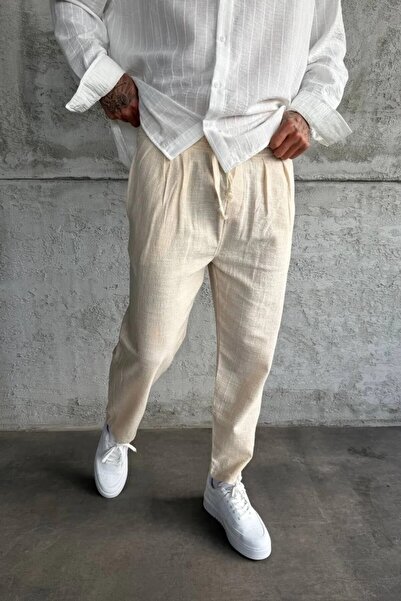 MADZEYMODA Boyfriend Kalıp Ανδρικό Λινό Παντελόνι με Ελαστική Μέση, Πλισέ, Μπ...