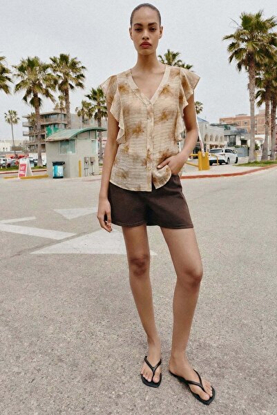 Sateen Πουκάμισο με λεπτομέρειες βολάν - Καφέ