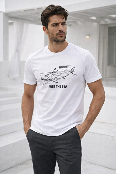 Rich Ανδρικό μπλουζάκι από λευκό βαμβάκι με στάμπα και λαιμόκοψη ποδηλάτου