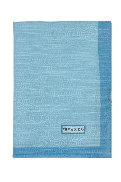 Vakko Cotton Silk Shawl - Spiral Monogram - Light Blue