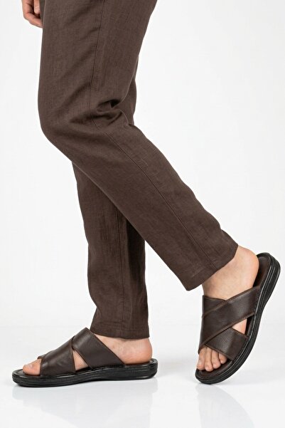 AYAKMOD Καφέ Ανδρικές Παντόφλες από Γνήσιο Δέρμα με Μαλακή Σόλα 8523 M