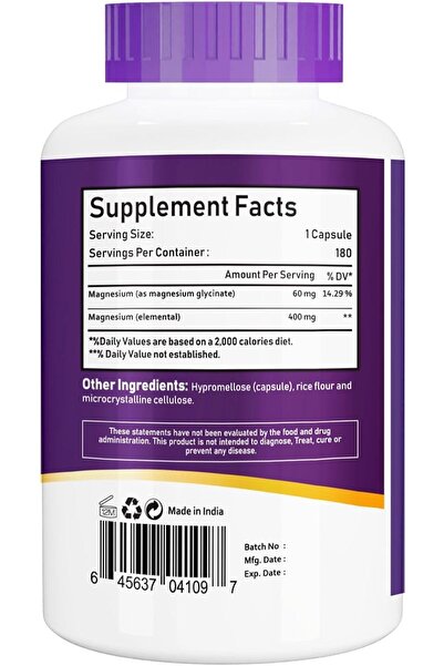 NBL Natural Magnesium Glycinate 400 mg, 180 Veggie Capsules, Supports Muscle, Bone & Heart Function,