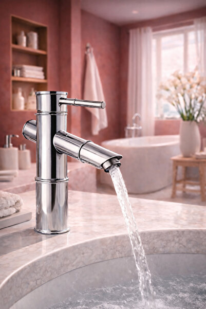 MİXSA Lüx Premium Krom Bambu Model Modern Banyo Lavabo Bataryası Çeşmesi Musluğu