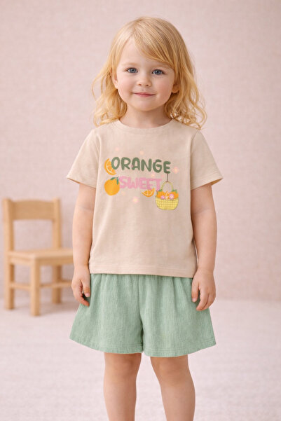BABY SPORT طقم تي شيرت وشورت للفتيات الصغيرات طقم قطني صيفي مطبوع باللون البر...