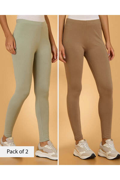 REDTAG Women Mint And Brown Pack of 2 Leggings