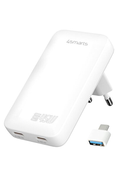 4smarts Incarcator de retea FlatPlug Slim Dual 45W GaN, 2xUSB-C, alb, set cu ...