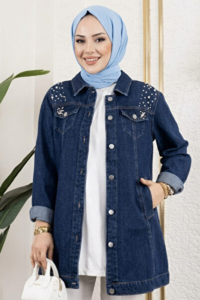 Hb Harma Time Butik سترة نسائية من الدنيم باللون الأزرق الداكن مطرزة بالخرز