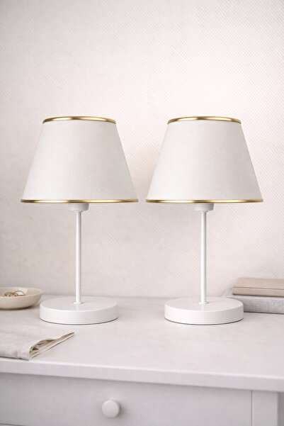 Eslight Soleva 2'li Modern Dekoratif Krem Kumaş Şapkalı Masa Lambası Gold Det...