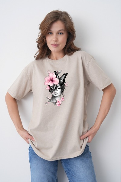 TREND EMMODA Γυναικείο μπλουζάκι σε μπεζ χρώμα με στρογγυλή λαιμόκοψη, με λεπ...