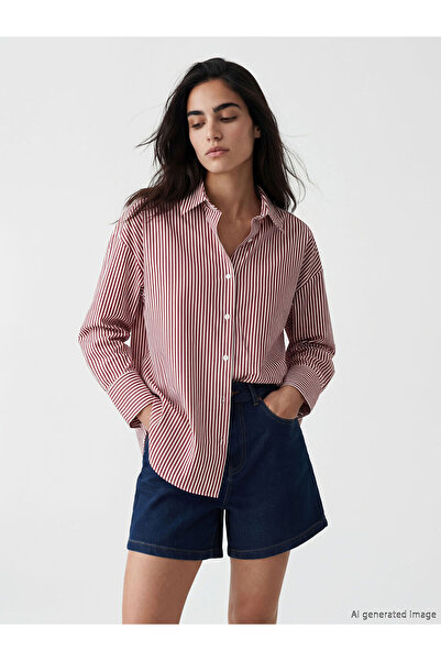 LC Waikiki Lcw Vision Plum Striped Oversize Poplin Women's Shirt with Nevavm ...