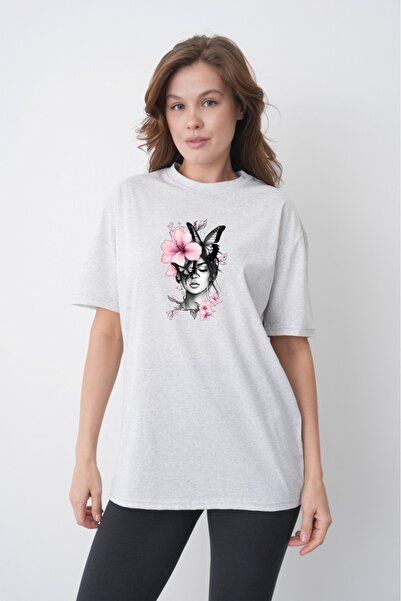 TREND EMMODA Tricou gri pentru femei, cu decolteu rotund, cu detalii cu flori...