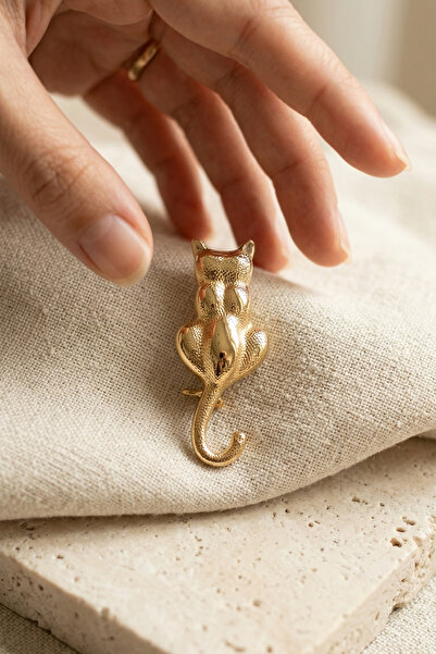 Glaren Kedi Figürlü Altın Renk Kadın Broş