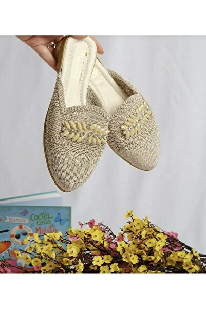 AYAKCİTY Forlan Special Model Straw Embroidered Stone Detailed Slippers