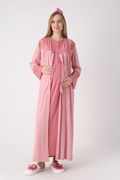 ERDENİZ TEKSTİL Cotton Lace Detailed Maternity Dressing Gown and Nightgown Se...