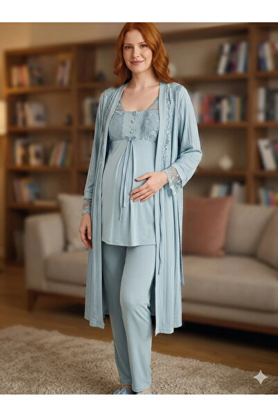 Freshness Bone 6205 Γυναικείο Σετ Πιτζάμες Μητρότητας 3 τεμαχίων Ζακάρ με Ρόμπα