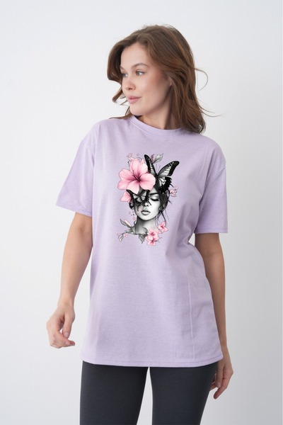 TREND EMMODA Women's Pink Floral and Butterfly Detailed Round Neck Lilac T-Sh...