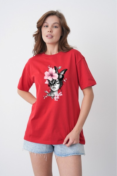 TREND EMMODA Tricou roșu pentru femei, cu decolteu rotund, cu detalii cu flor...