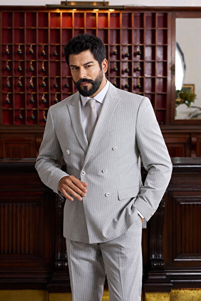 ALTINYILDIZ CLASSICS Ανδρικό ανοιχτό γκρι κοστούμι με ριγέ γιακά και εξαιρετι...