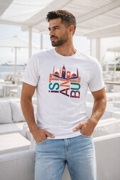 Rich Ανδρικό λευκό βαμβακερό μπλουζάκι με στάμπα Istanbul Basic