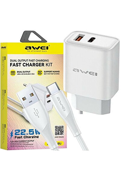 AWEI PD81T-EU 22.5W charger with USB and USB-C cable, white, compact