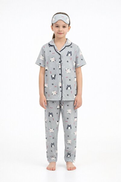 Cansın Mini Σετ πιτζάμες για κορίτσια με γκρι σχέδιο γάτας, κουμπιά και κοντά...