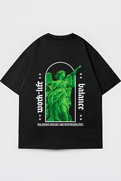 FUWEAR Μπλουζάκι με στάμπα Work-Life Balance, μαύρο, oversized, με λαιμόκοψη ...