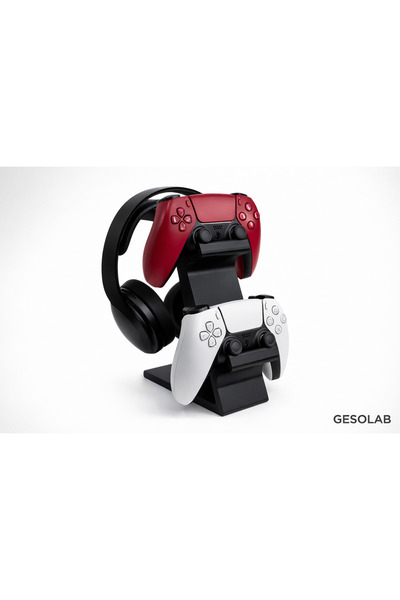 GESOLAB 2’li Kumanda ve Kulaklık Standı -Siyah– PS4 / PS5 / Xbox Uyumlu – Mas...
