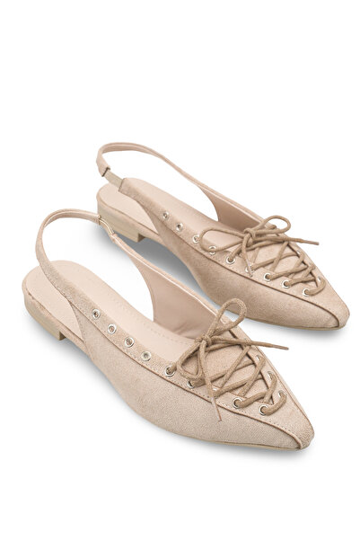 Bak Store Μπεζ σουέντ γυναικείες μπαλαρίνες με κορδόνια και μυτερή μύτη, καθη...