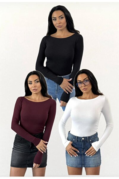 4Soul Ultra Soft Kayık Yaka 3-Piece Blouse Black-White-Claret Red