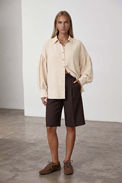 Trend Alaçatı Stili Λινό πουκάμισο Oversize με φαρδιές μανσέτες και μανίκια β...