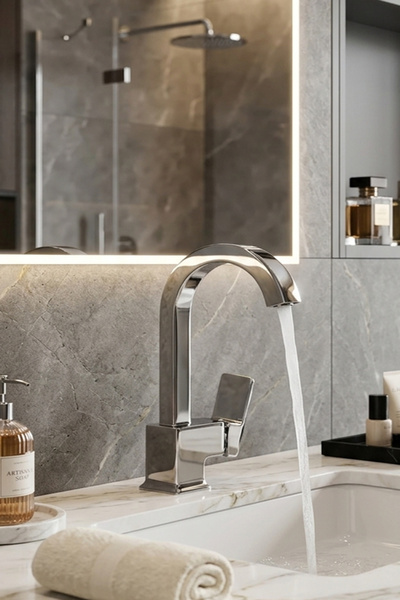 KUSTAR Kare Krom Lavabo Bataryası – Tek Kollu Aç Kapa Musluk | Modern Lüks Tasarım | Profil Paslanmaz