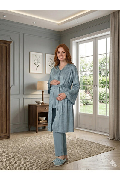 Freshness Bone 6201 Γυναικείο Σετ Πιτζάμες Εγκυμοσύνης με Σατέν Μπουφάν Ζακάρ