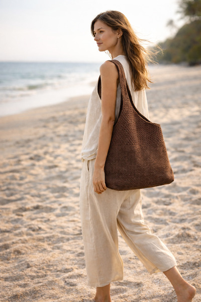 Sea Style Μεσογειακή υφασμένη χειροποίητη πλεκτή τσάντα ώμου μεγάλου όγκου