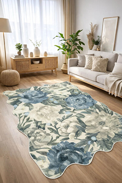 Toronto Home Dijital Kaymaz Yıkanabilir Asimetrik Vintage Çiçekli Salon Halıs...