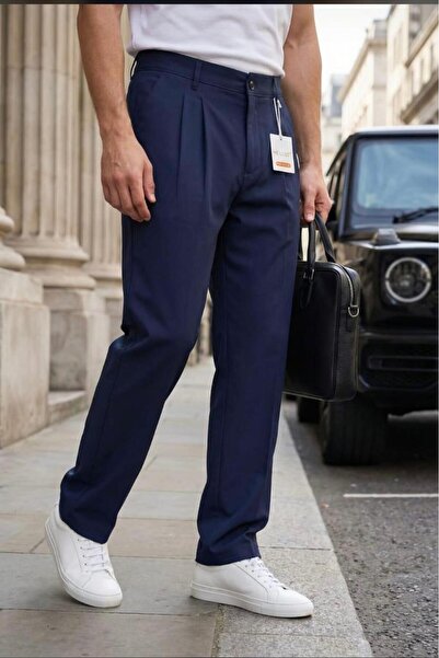 MODAMESTO Ανδρικό παντελόνι από ύφασμα με πιέτες σε σκούρο μπλε χρώμα, άνετη ...