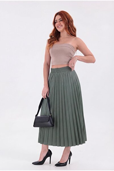 lzv Πλισέ μίντι φούστα με ψηλή μέση, ελαστική, casual & κομψή γυναικεία φούστα