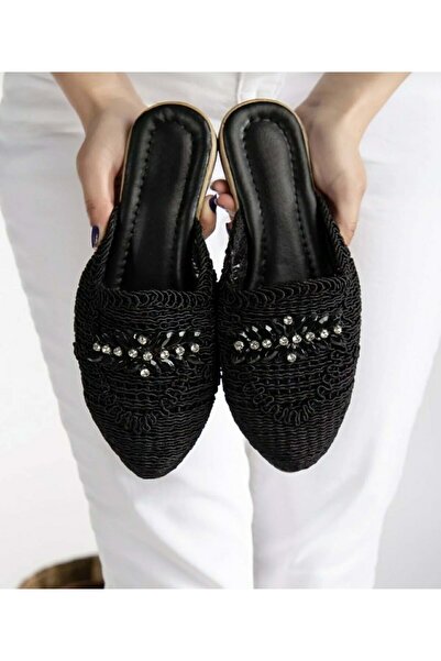 AYAKCİTY Forlan Special Model Straw Embroidered Stone Detailed Slippers