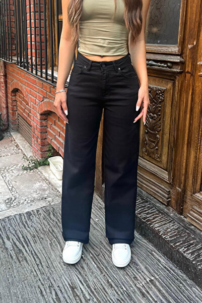 BİKELİFE Μαύρο ψηλόμεσο τζιν με φαρδιά μπατζάκια