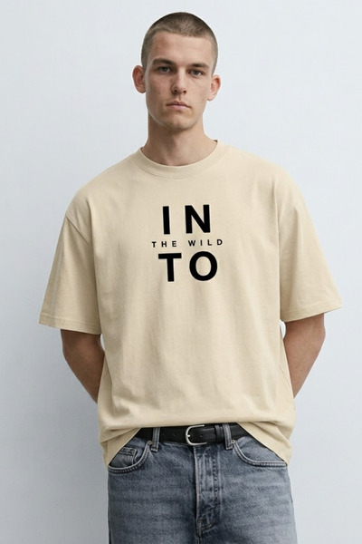 MATERIAL Ανδρικό μπλουζάκι μπεζ με στάμπα Into The Wild