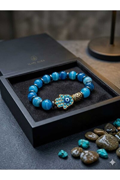 shop Piabella Nazar Ve Koruma Bilekliği- Doğal Taş (Mavi Akik-Agate ve Hematit