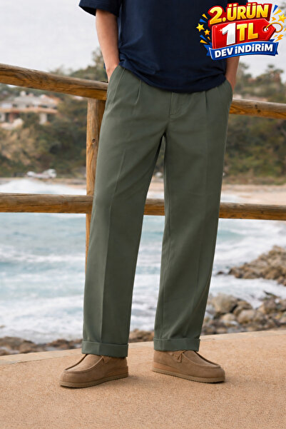 DAMGA JEANS Ανδρικό υφασμάτινο παντελόνι χακί με φαρδιά μπατζάκια Trend Basic