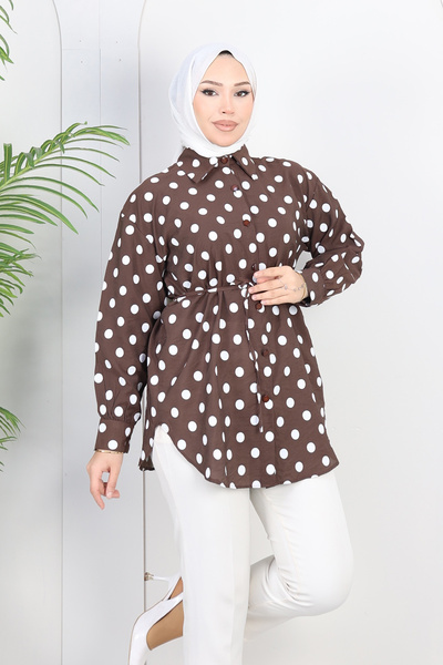 PIOVE قميص نسائي منقط - قميص فضفاض بأزرار وتفاصيل حزام