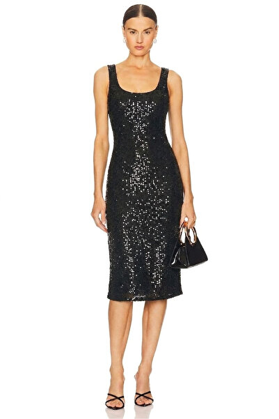 AFR CLOTHES ΓΥΝΑΙΚΕΙΟ Μαύρο Βραδινό Φόρεμα με Τετράγωνο Γιακά, Μίντι Μήκος, μ...