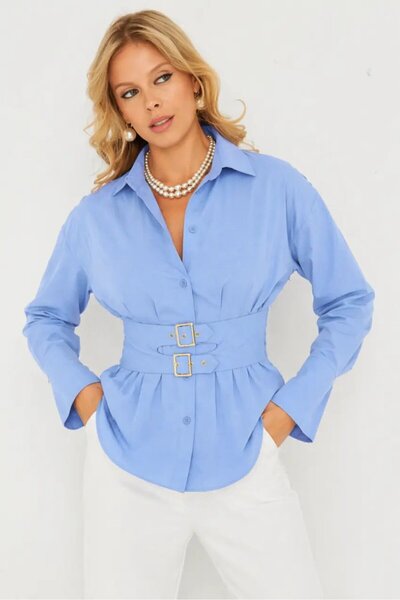 Cool & Sexy Μπλε Κομψό Πουκάμισο με Λεπτομέρεια Κορσέ – Μοντέρνα Γραμμή με Έμ...