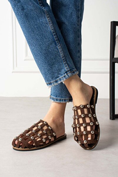 ShoeTek Livya Women's Slippers with Pins Brown Suede