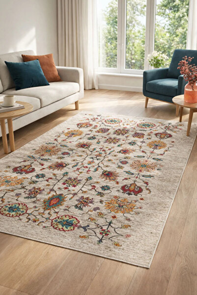 Toronto Home Dijital Kaymaz Yıkanabilir Etnik Vintage Renkli Salon Halısı Mut...
