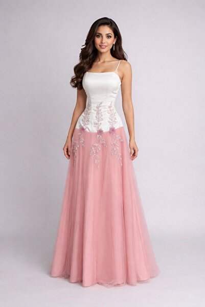 TOP BERLANTY "Tolin" Evening Dress - Ivory Satin and Pink Tulle Combination