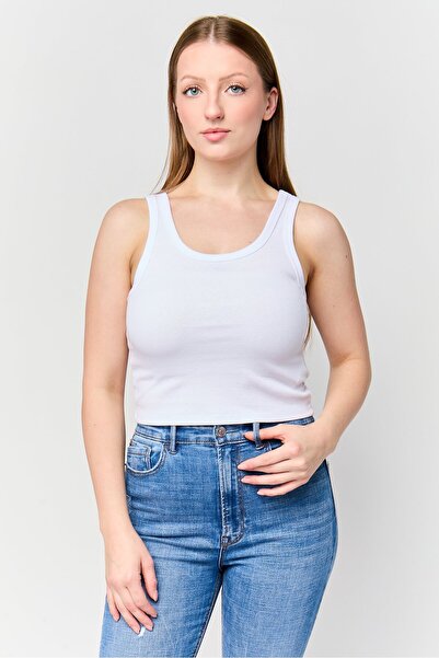 Don't Call Me Jennyfer Women Round Neck Ribbed Sleeveless Tank Top, White